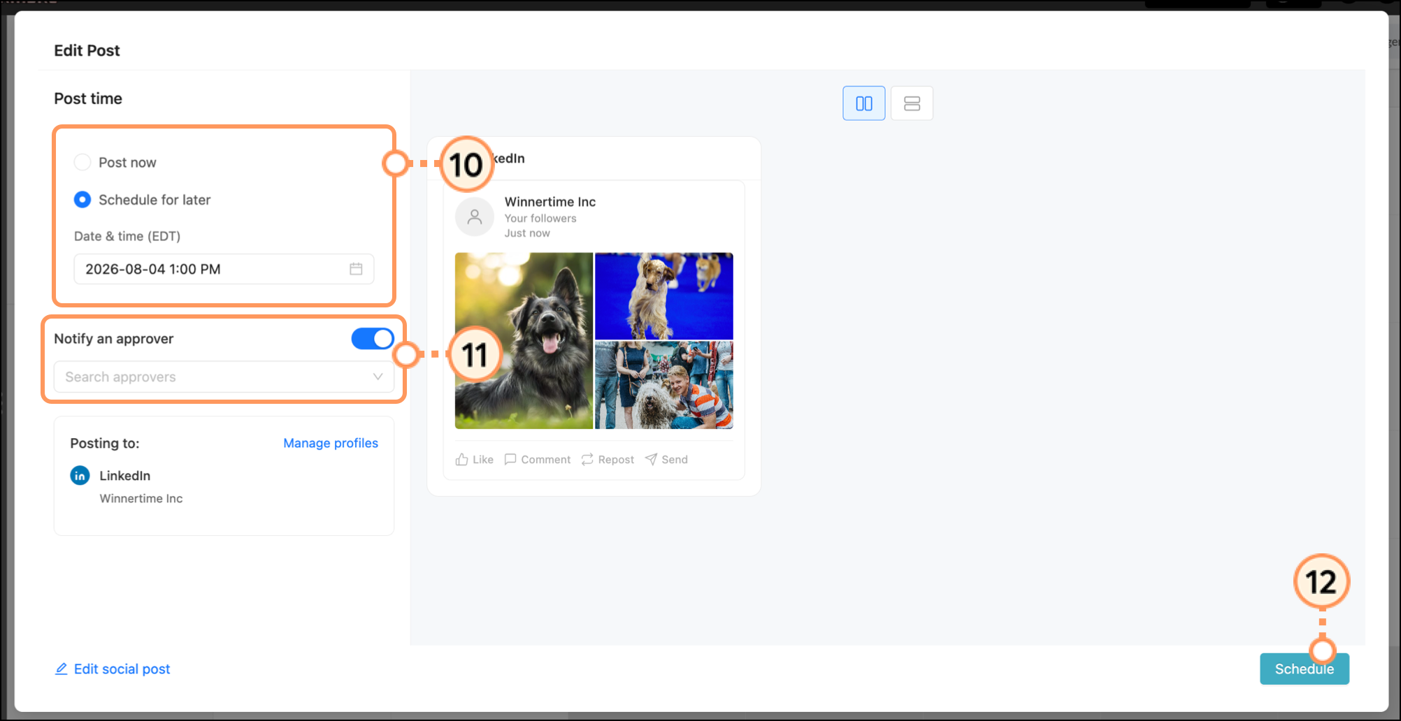 Edit Post popup with schedule and posting options above blue Schedule button