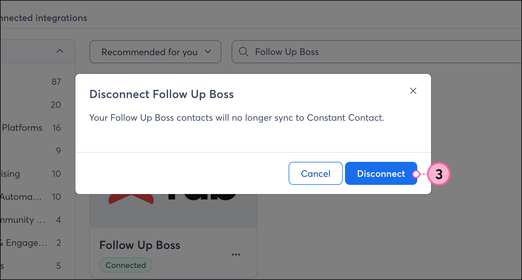 Confirmation popup with blue Disconnect button