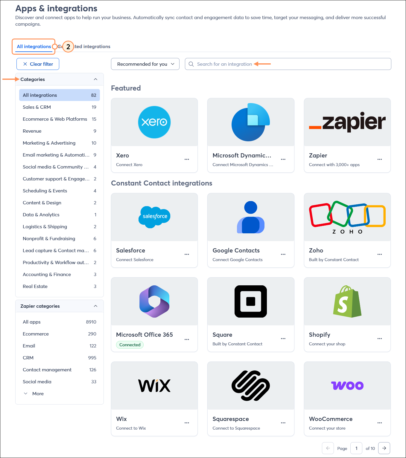 Apps & integrations page with All integrations tab selected, Categories menu expanded with All integrations option selected, and Searh for an integration field