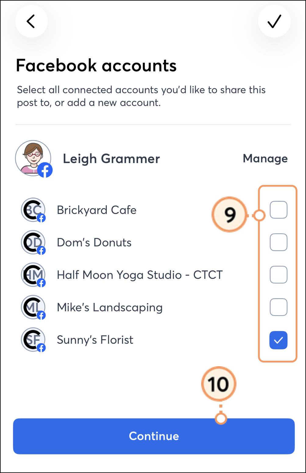 Various selectable social pages under connected social accounts and blue Continue button