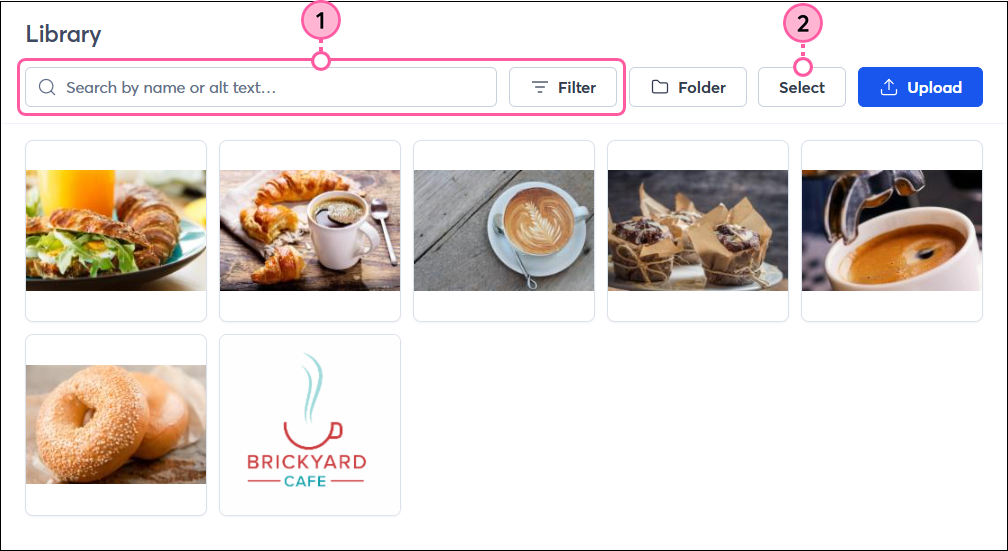 Library with Search field, Filter button, and Select button