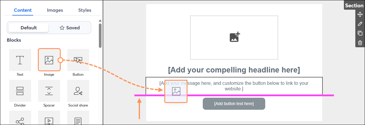 Email editor with Image block being inserted into template and guideline extending into outer background