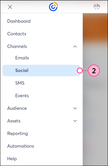 Constant Contact homepage with navigation menu and Channels menu expanded, and Social posts option selected