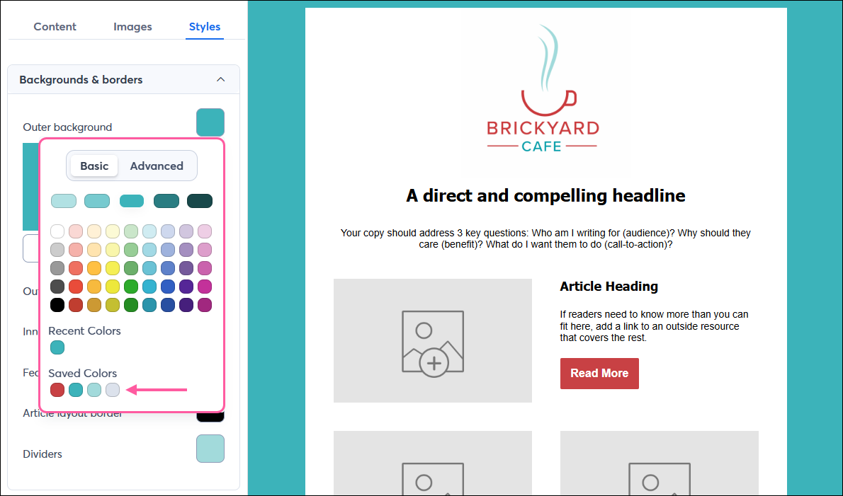 Email editor with Styles tab selected and Backgrounds & borders section expanded, background and border options and color palette visible with Basic tab selected and Saved Colors options