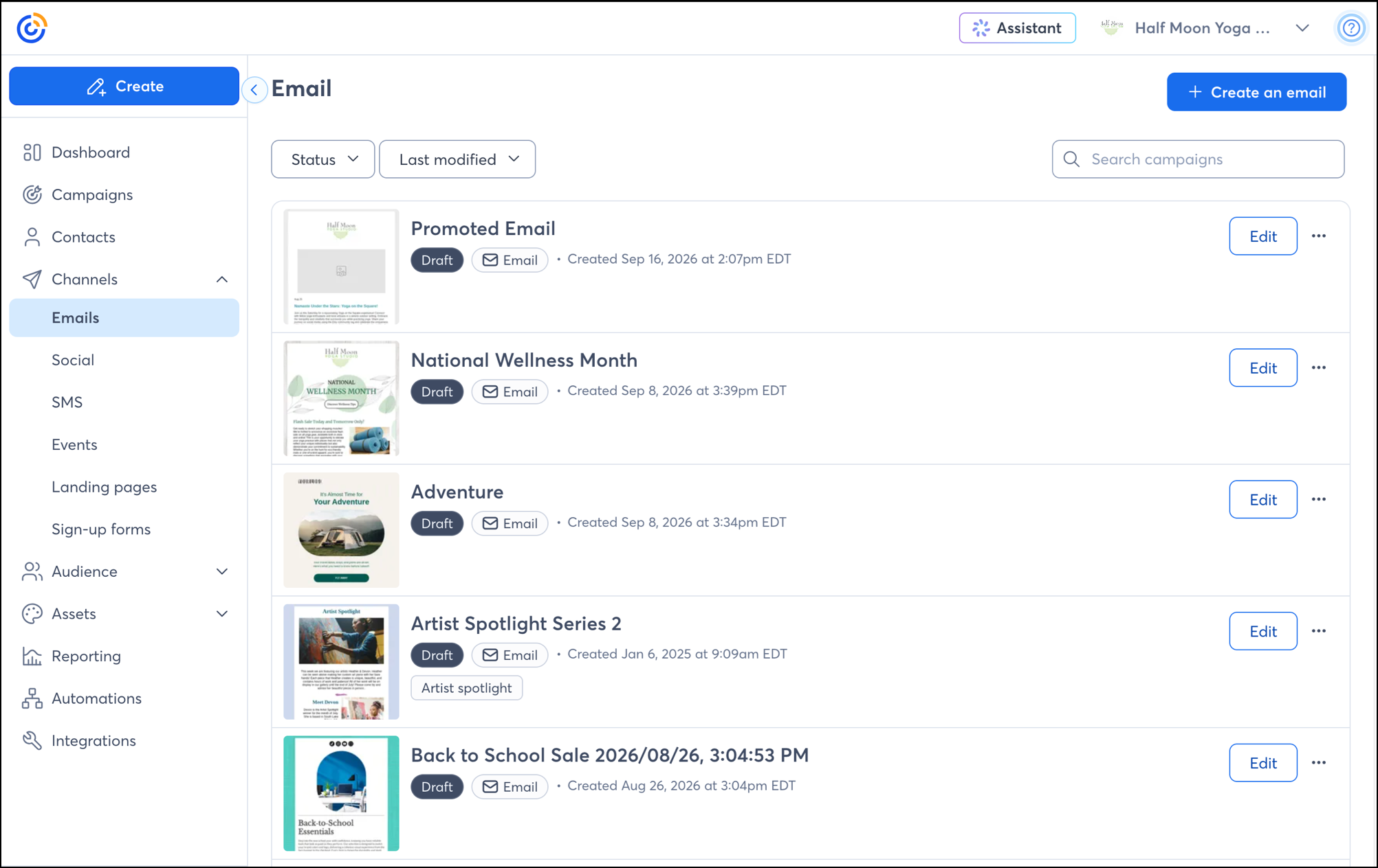 Email section in Constant Contact