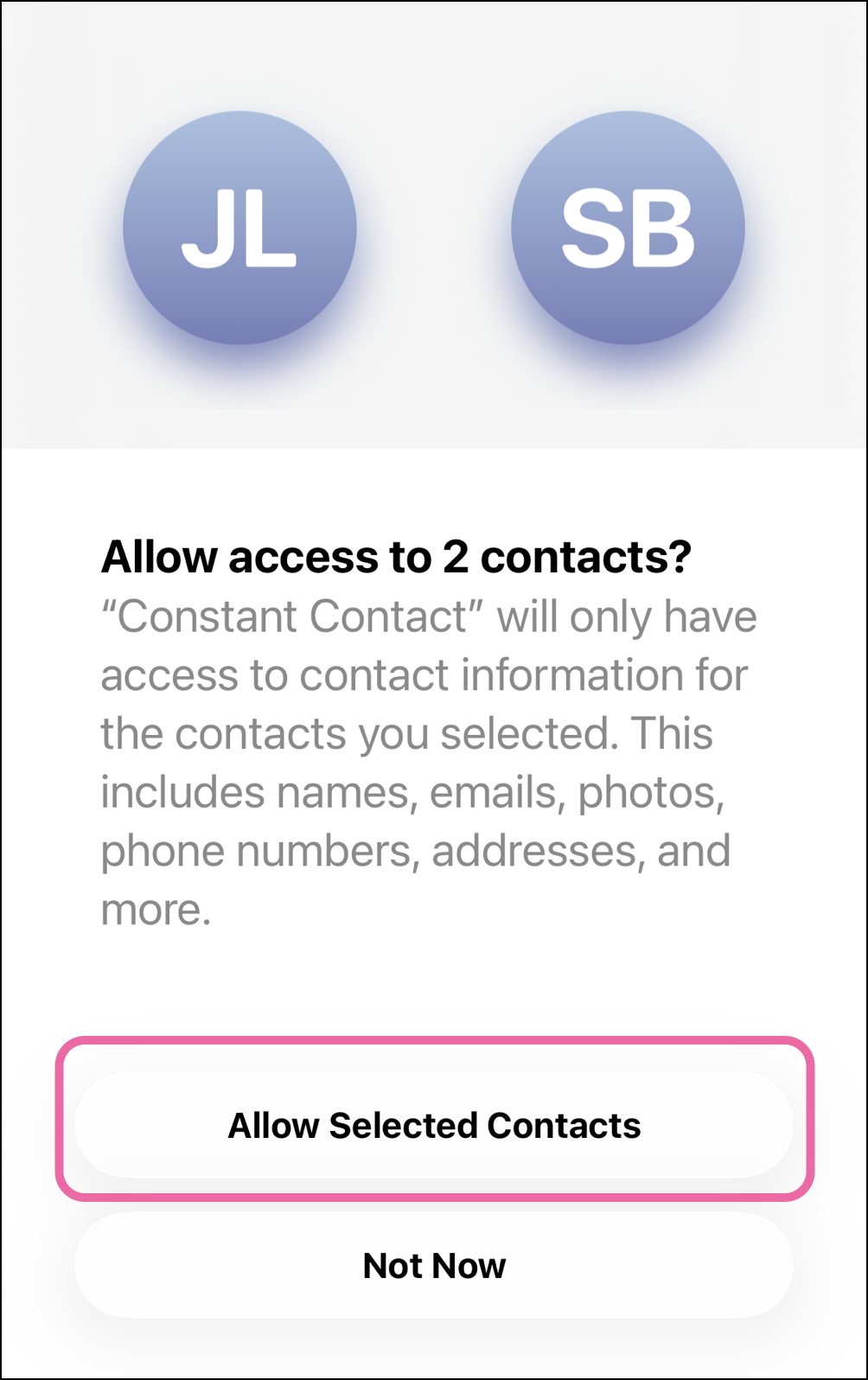 Allow Selected Contacts to share the selected iPhone contacts with Constant Contact