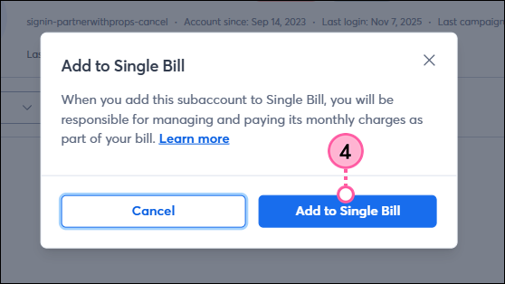 Confirmation window Add to Single Bill button