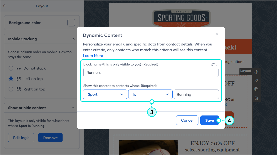 Edit Dynamic Content Criteria and Save button