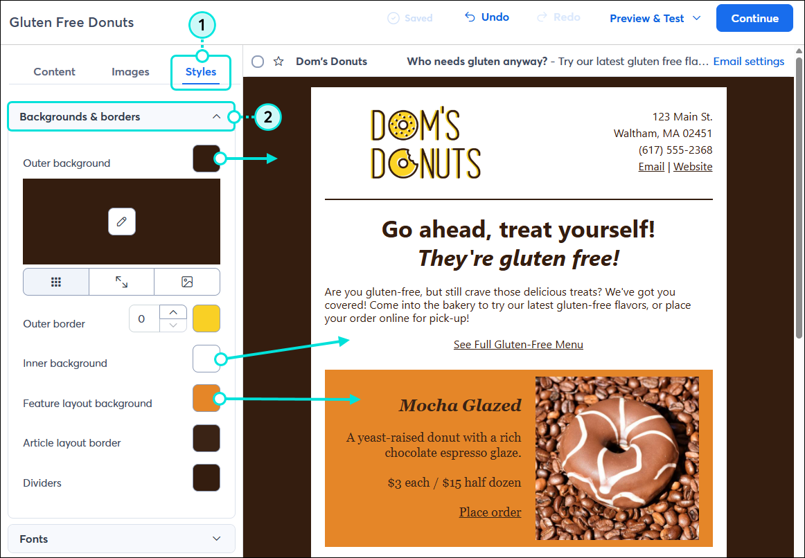 Email Styles tab, Backgrounds and Borders menu expanded, Outer Background, Inner Background, and Feature Layout Background color swatches