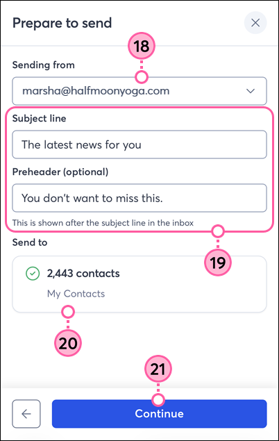 Constant Contact on mobile web browser, Sending From email address drop-down, Subject line and Preheader fields, Send To options, and Continue button