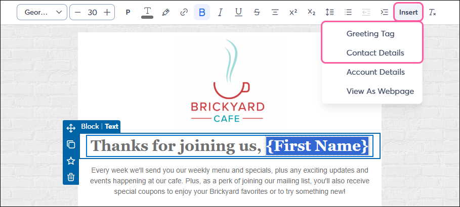 Text toolbar with Insert drop-down and Greeting Tag and Contact Details options