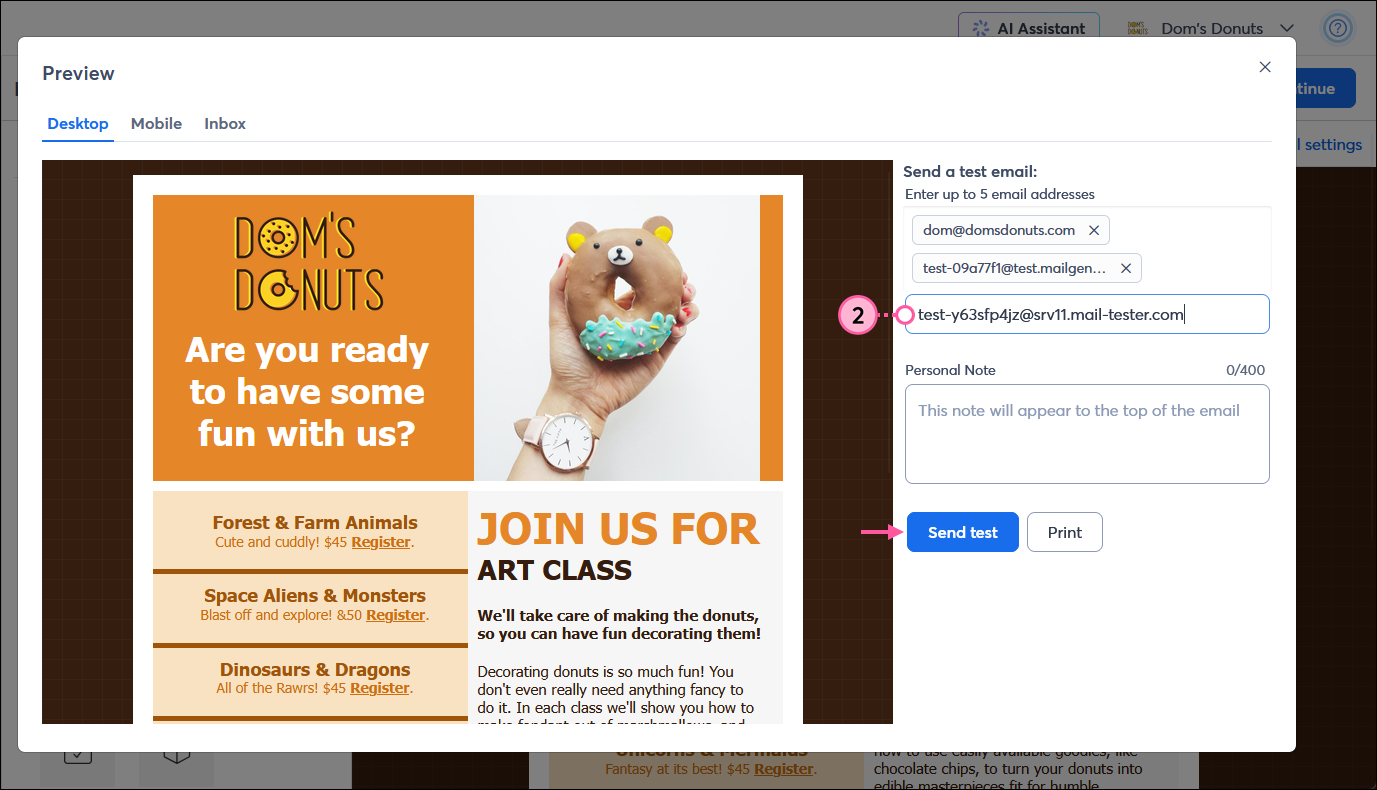 Email editor with Preview overlay displayed, and Send a test email section with test email addresses and Send test button