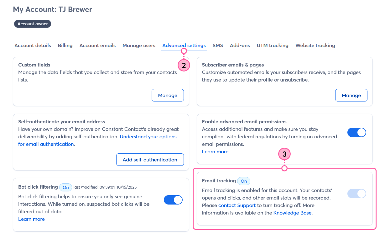 Account settings page with Advanced settings tab selected, and Email tracking section with feature enabled and toggle switch disabled