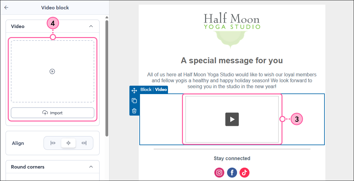 Video Block block selected, Video block panel, and Add option