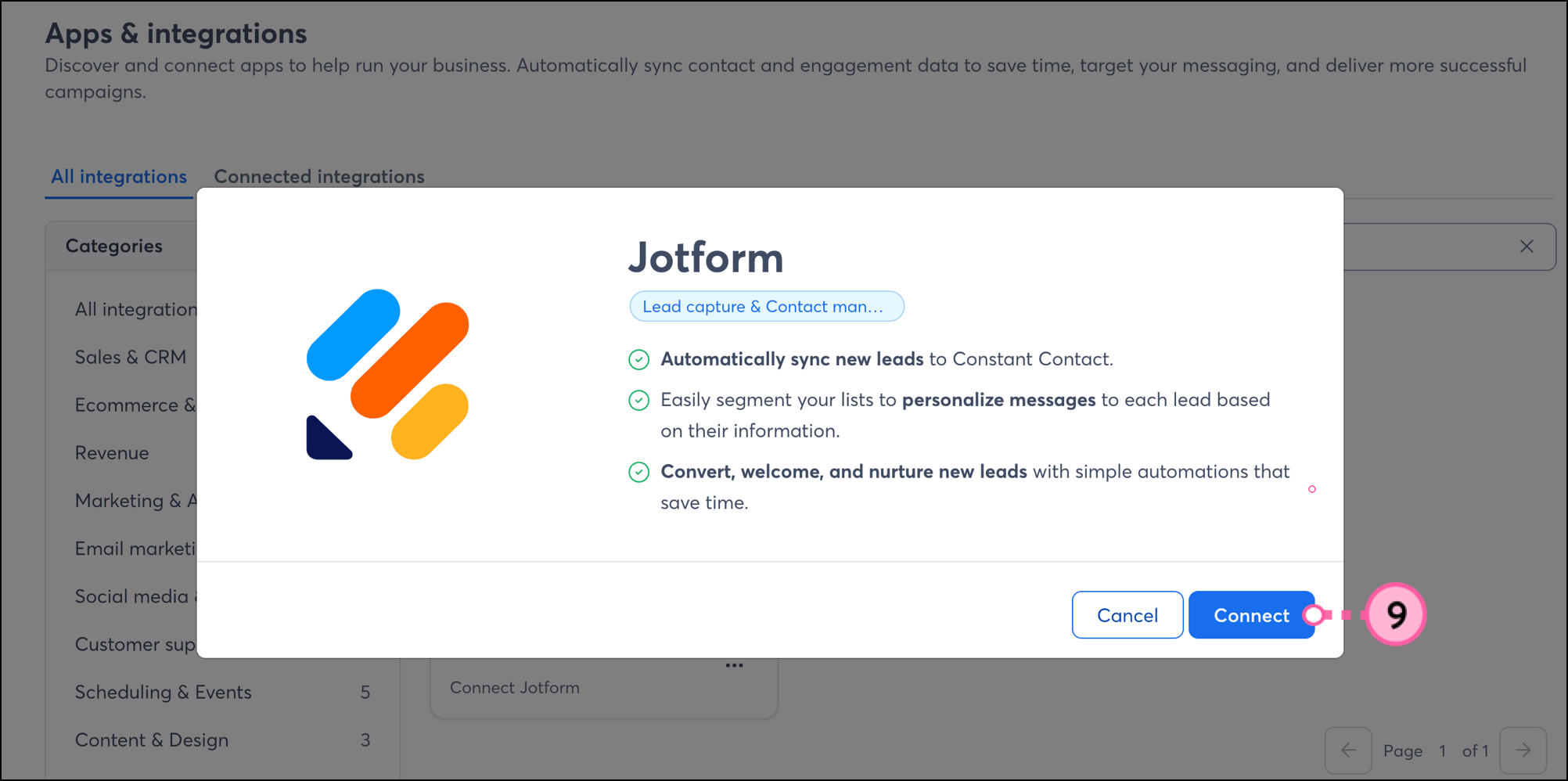 Blue Connect button on the Jotform overview popup