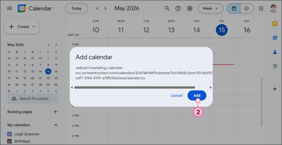 Google Calendar with Add calendar overlay, and Add button