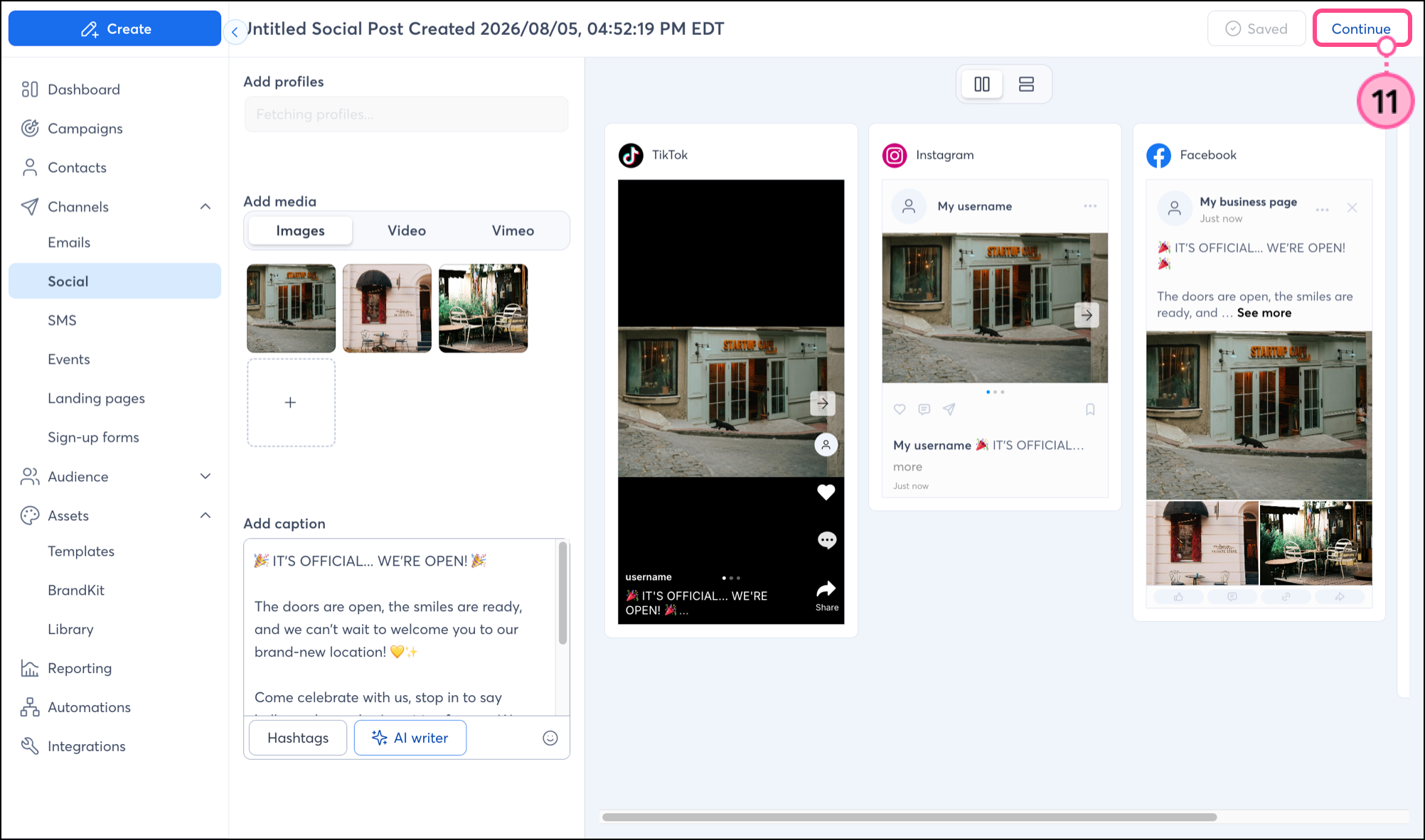 Constant Contact website social posting editing page