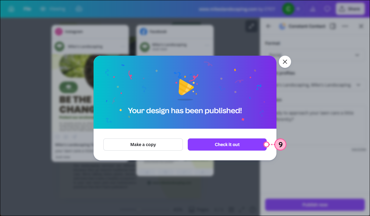 Canva Your design has been published! overlay and Check it out button