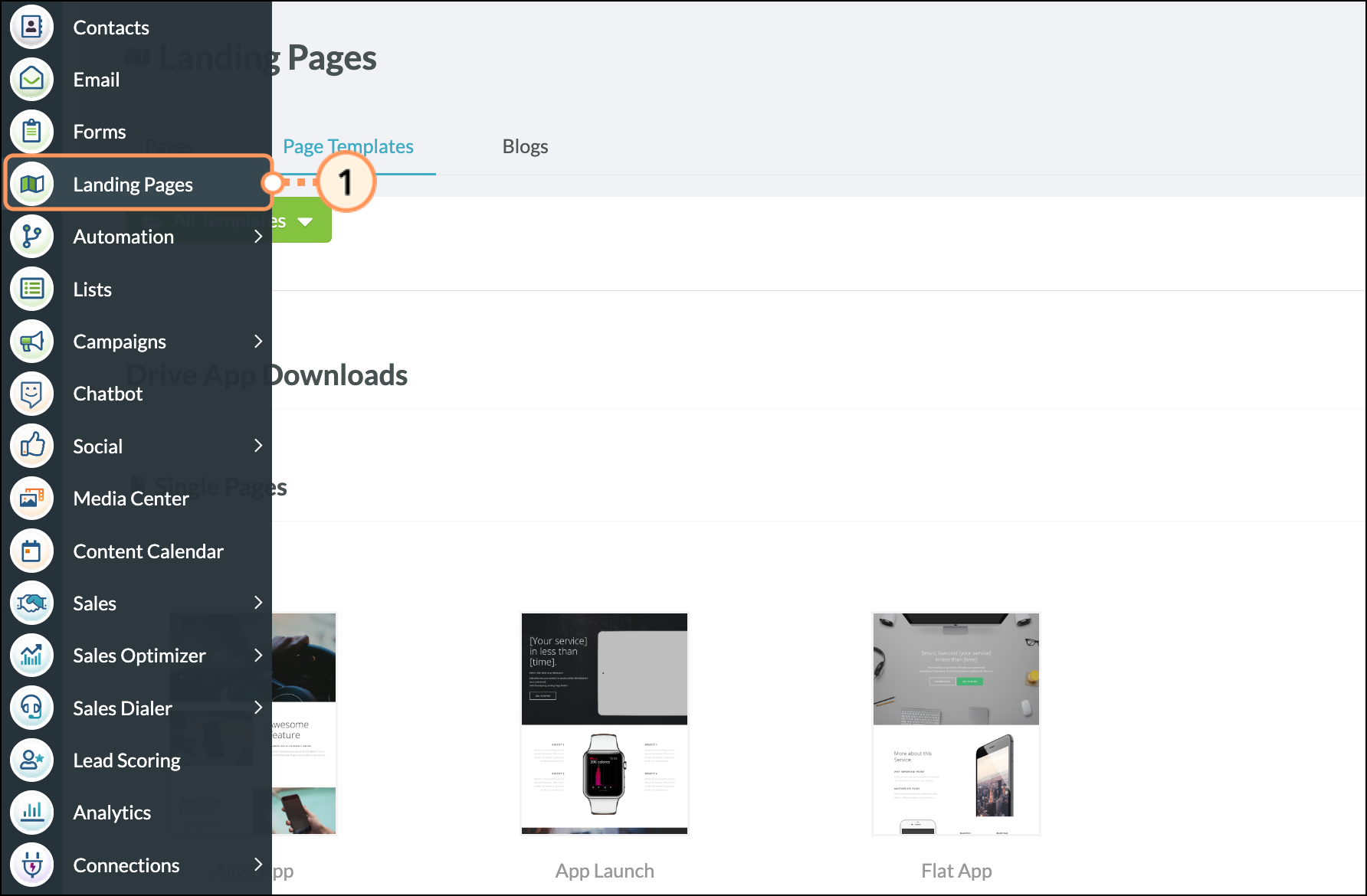 Landing Pages in the expanded left navigation menu