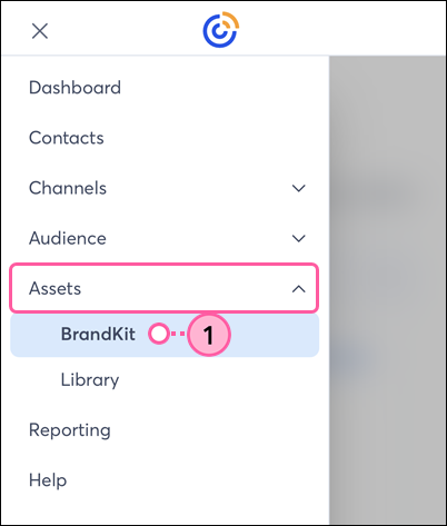 Mobile web menu expanded, Assets section expanded, and BrandKit option selected