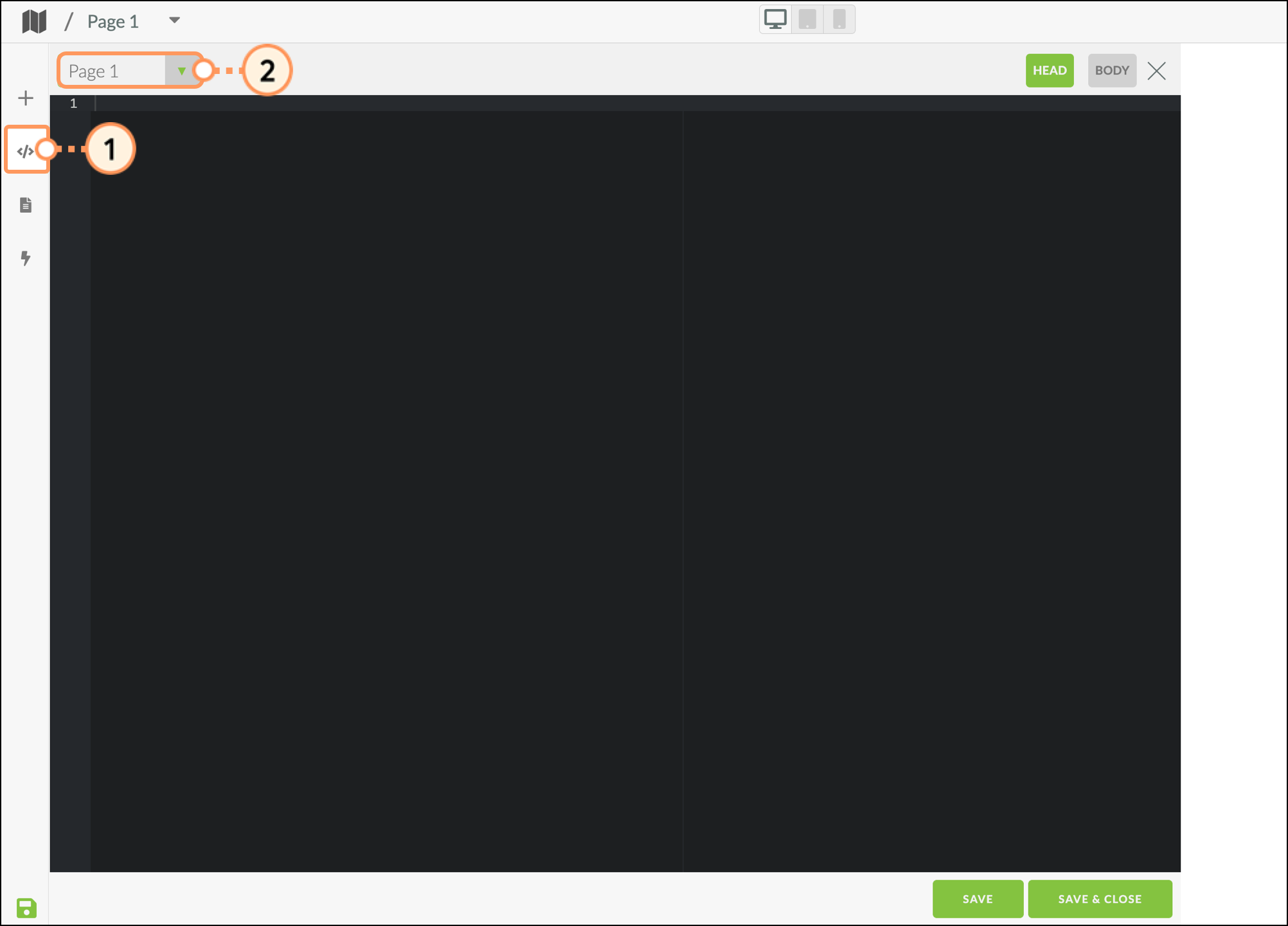 Landing page Edit Code section from the menu