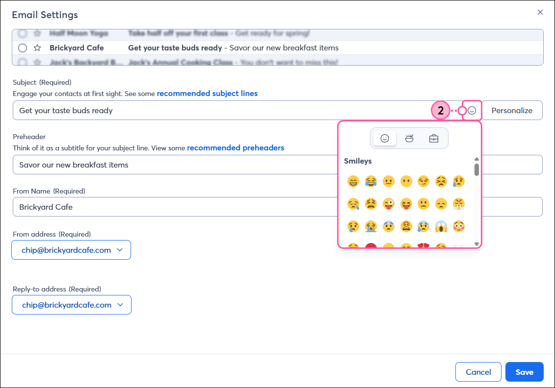 Subject line field with Emoji icon and drop-down