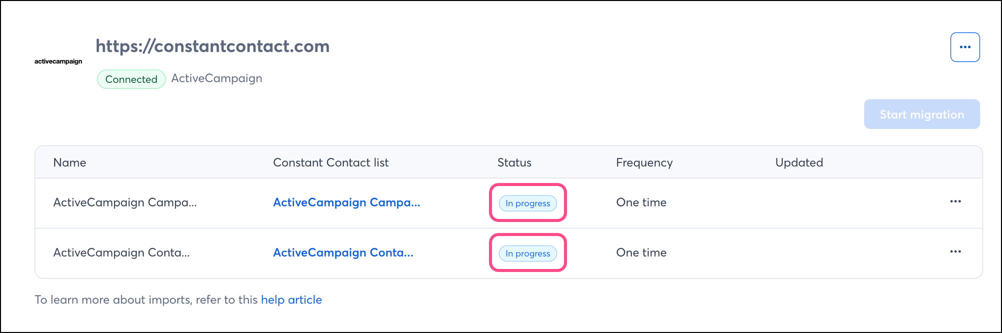 In progress migration status