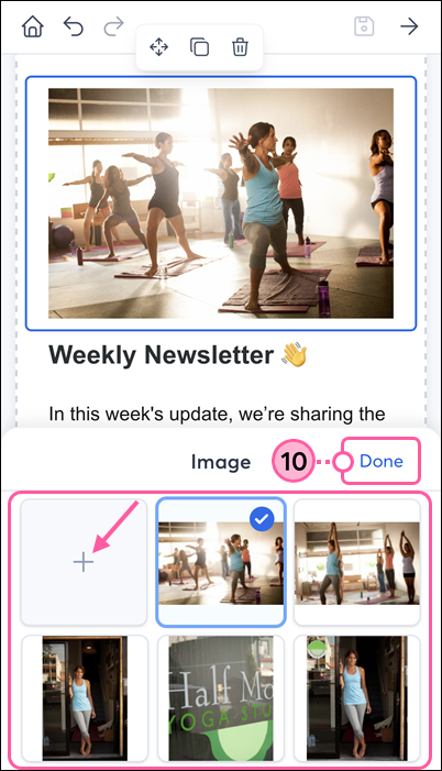 Mobile web email editor, Image block with plus symbol and Library photo selected, and Done option