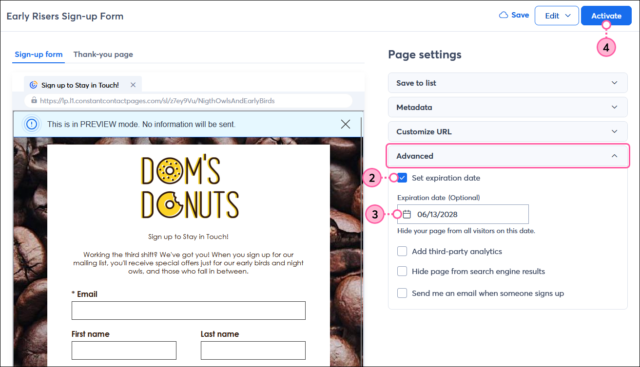 Sign-up Landing Page page settings with Advanced section expanded and Set expiration date option selected, Expiration date field, and Activate button