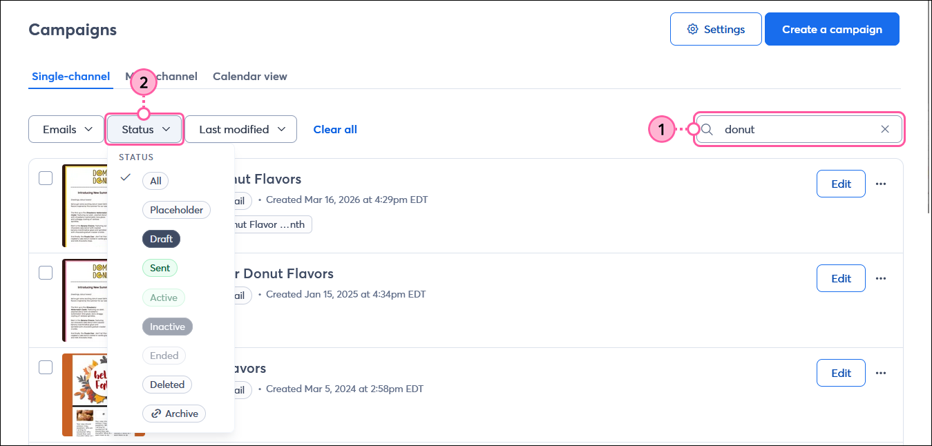 Campaigns page with Single-channel tab selected, Search field, and Status drop-down menu expanded