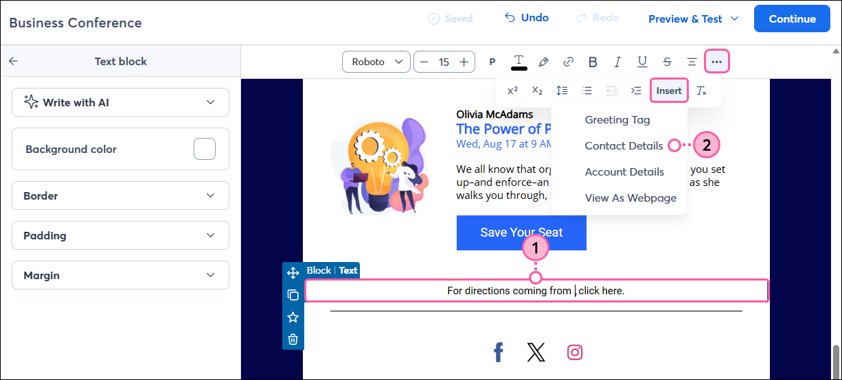Insert Drop-down Menu and Contact Details Option