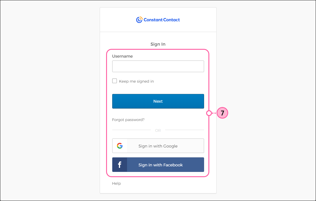 Constant Contact login screen