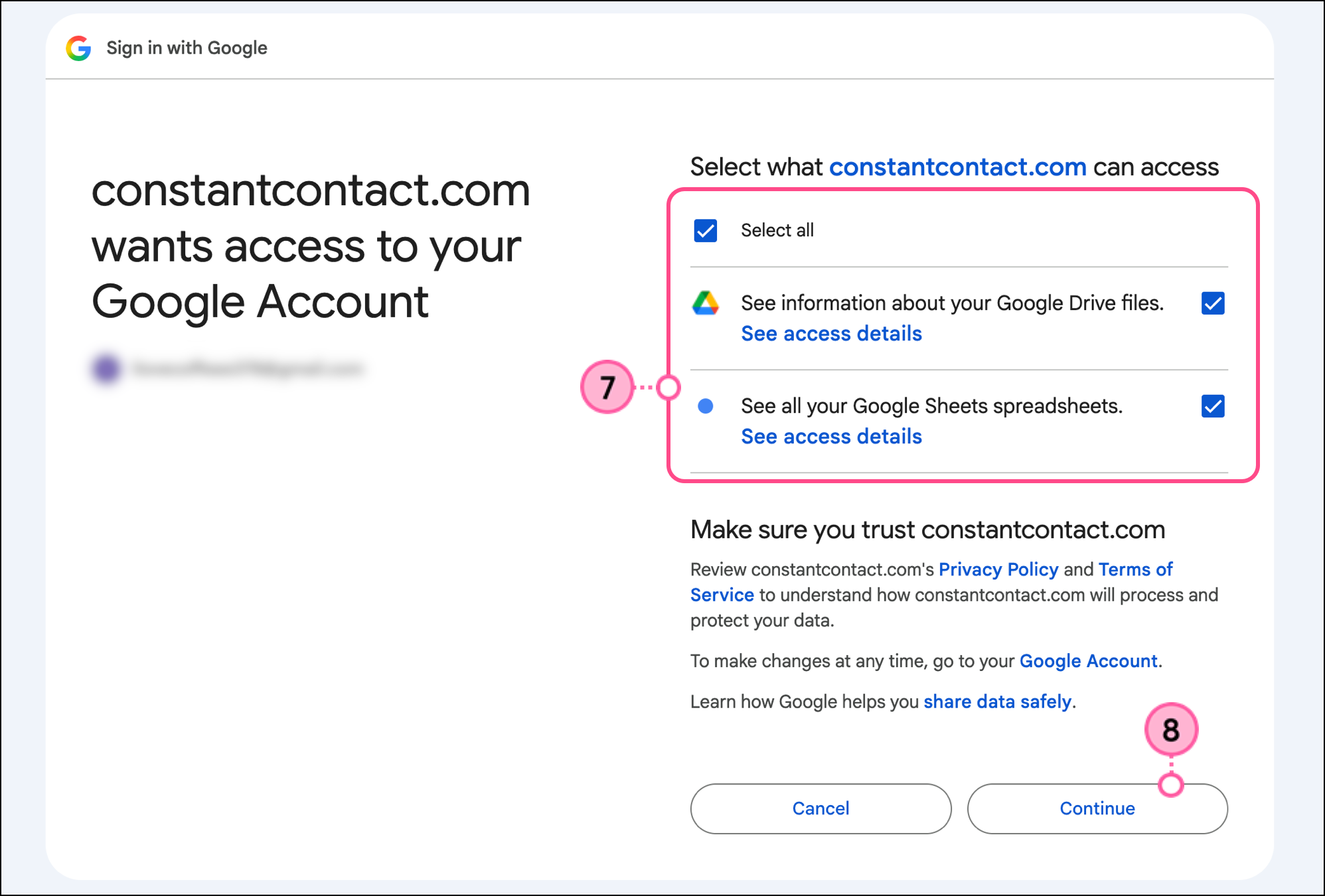Checkboxes to grant Constant Contact access to information and Continue button
