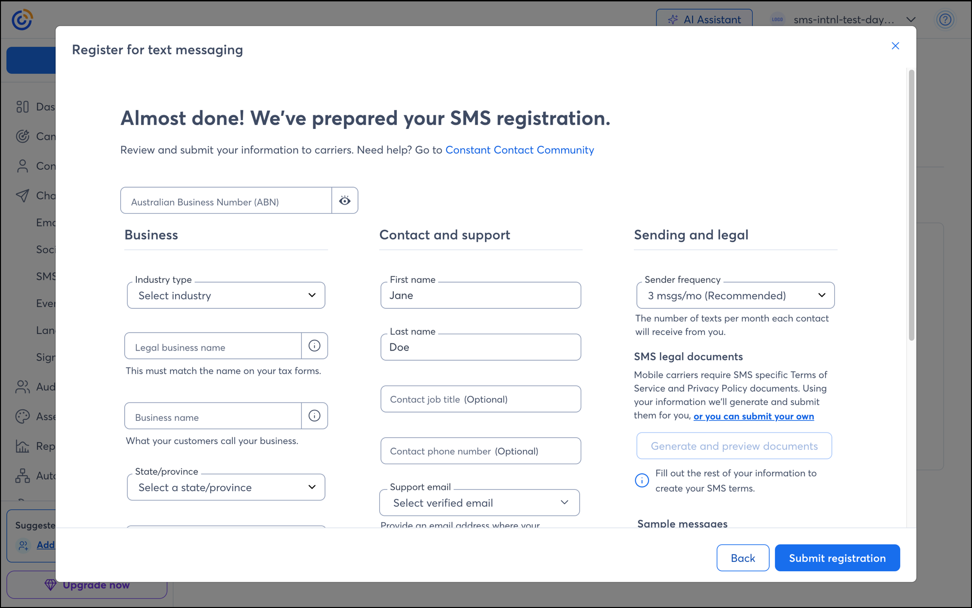 SMS Marketing registration page for an Australian customer with ABN (Australian Business Number) field SMS Marketing registration page for an Australian customer with ABN (Australian Business Number) field