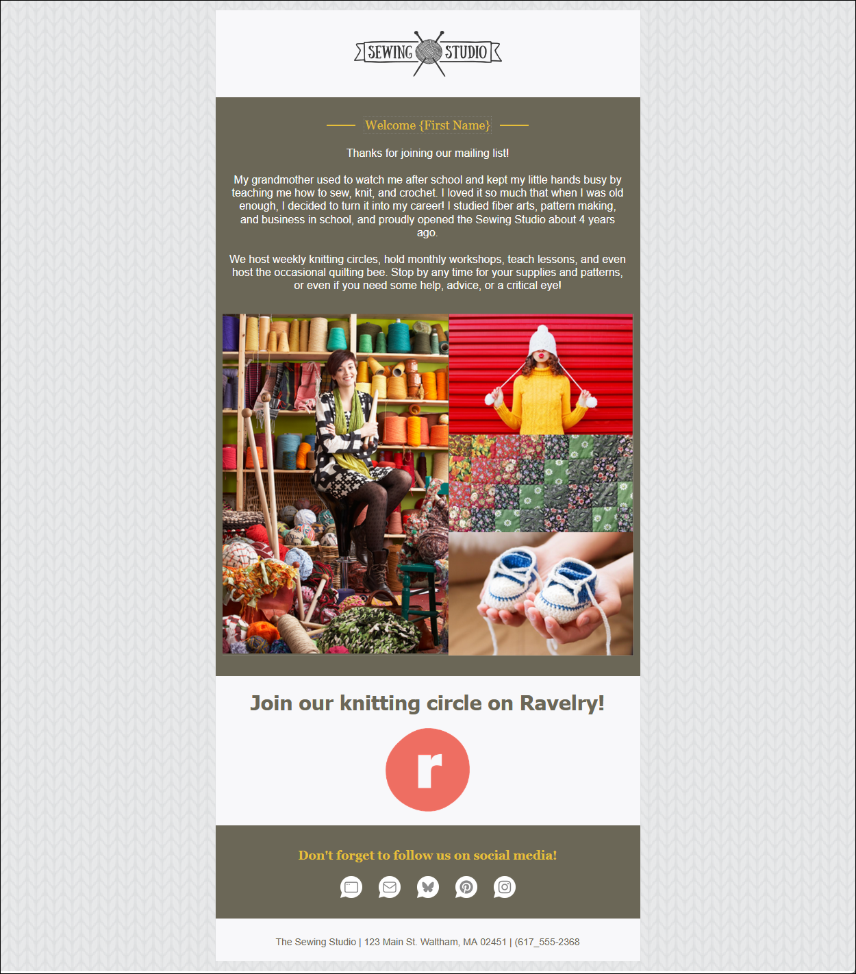 Example of a welcome email with a Social follow block and an invitation to join on a niche social media platform