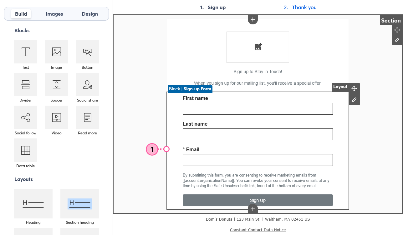 Sign-up Landing Page editor with Sign-up Form block