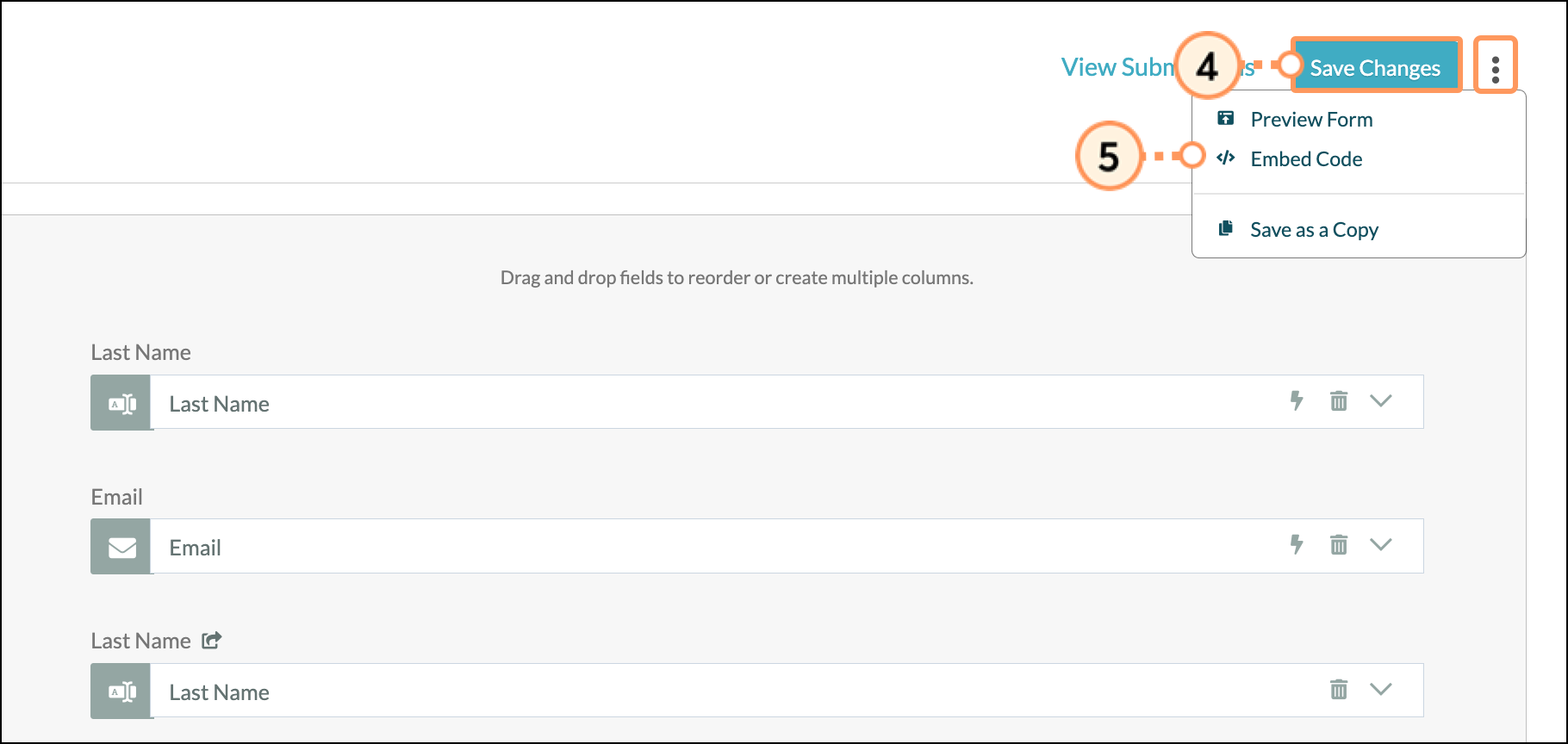 Blue Save Changes button and expanded three dots menu with Embed Code in the dropdown menu