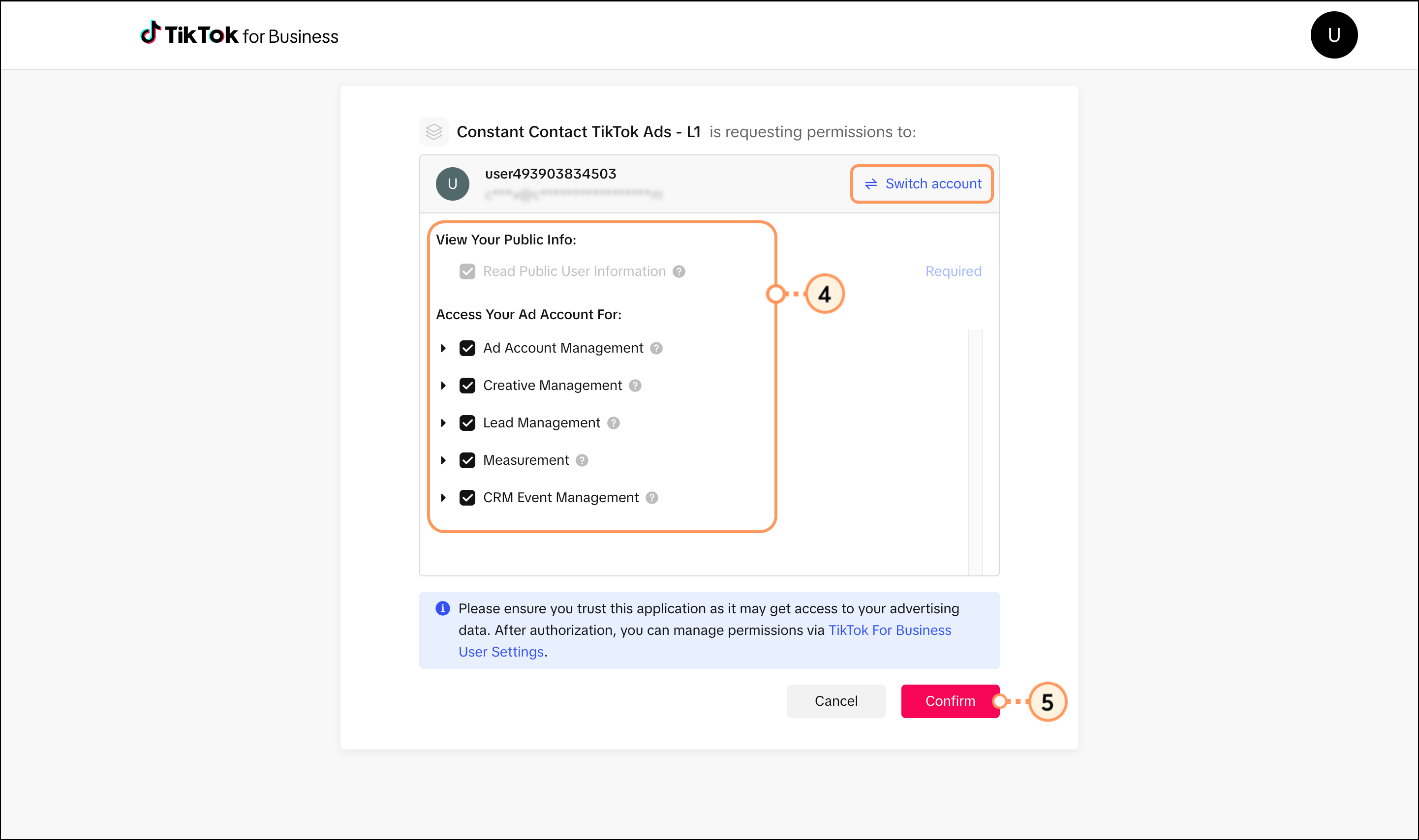 Access your ad account for selections