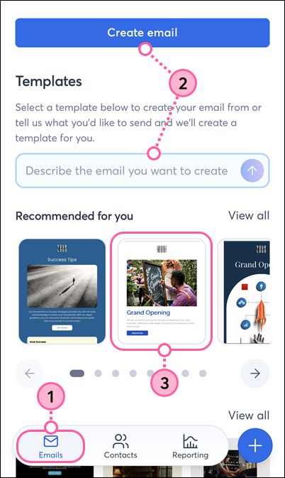 Constant Contact on mobile web browser, Emails option in bottom navigation, Create Email button, search bar, and template selected