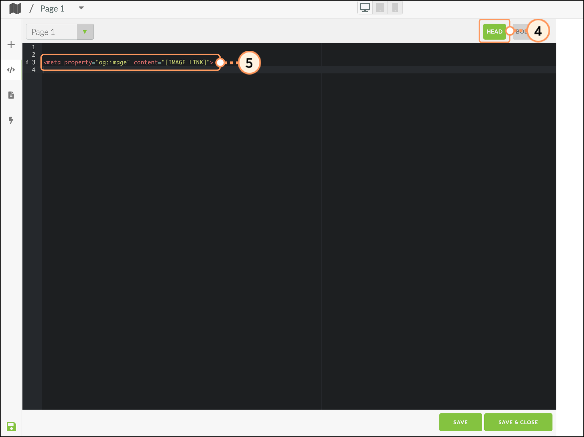 Image link code in the code editor with placeholder value entered