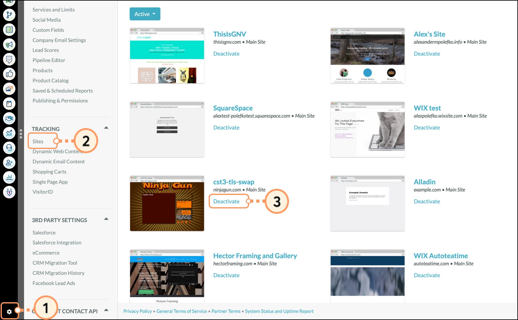 Deactivate button next to a landing page in the Sites section of Settings