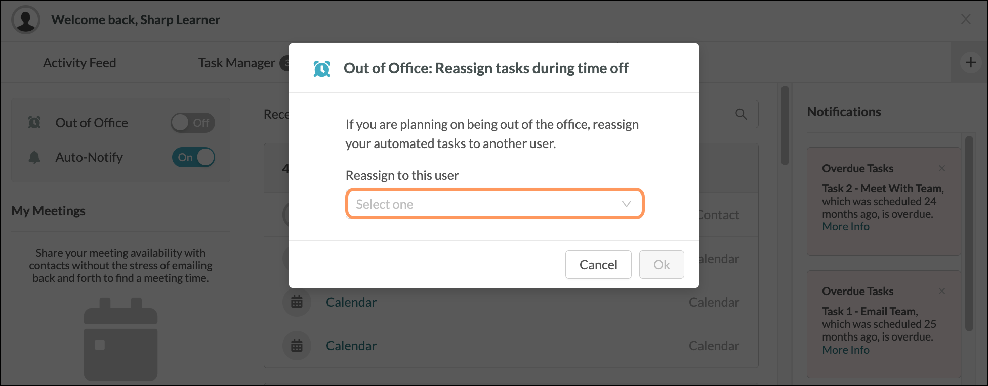 Re-assigned user dropdown menu in the Out Of Office enable pop-up