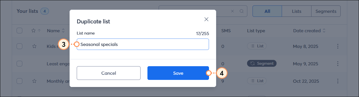 Duplicate segment overlay with Segment name field and original segment name with Copy at the end, and Save button