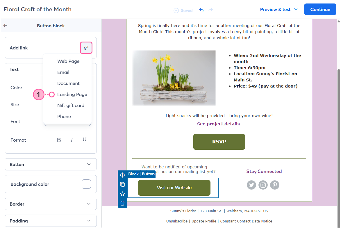 Button panel, Link Menu Expanded, and Landing Page Option