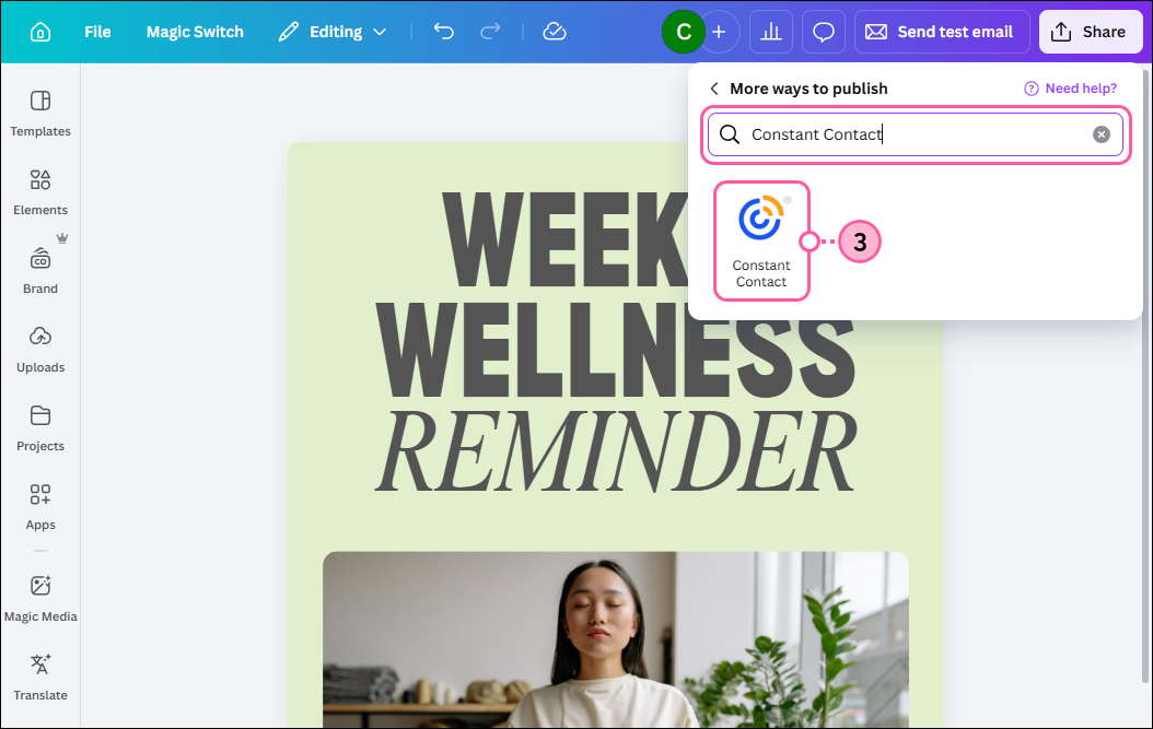 Share drop-down with search field and Constant Contact app selected