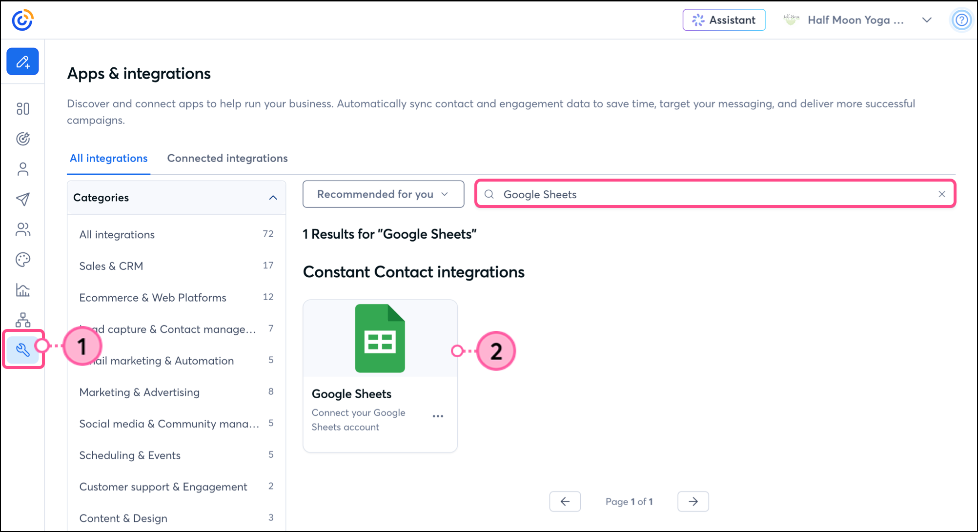 Google Sheets card in the Integrations section of the account