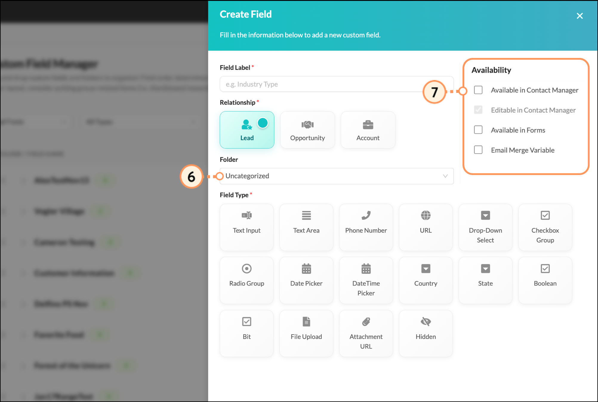 Folder dropdown field and list of Availability checkbox options