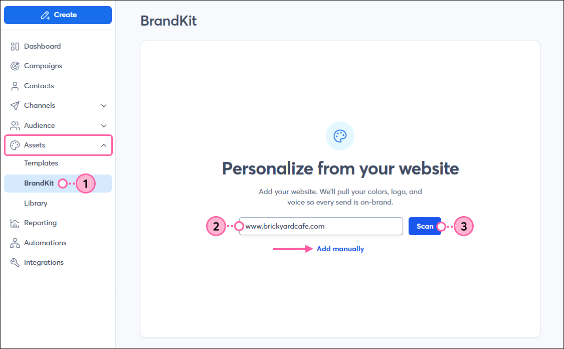 Left navigation, Assets menu expanded and BrandKit option selected, BrandKit dashboard with Website URL field and Scan button