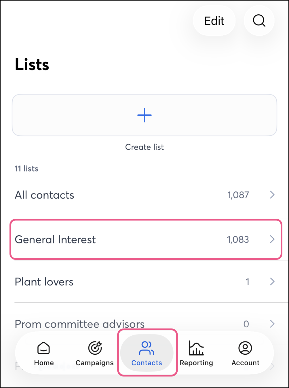Lists page from the Contacts selection in the bottom navigation menu