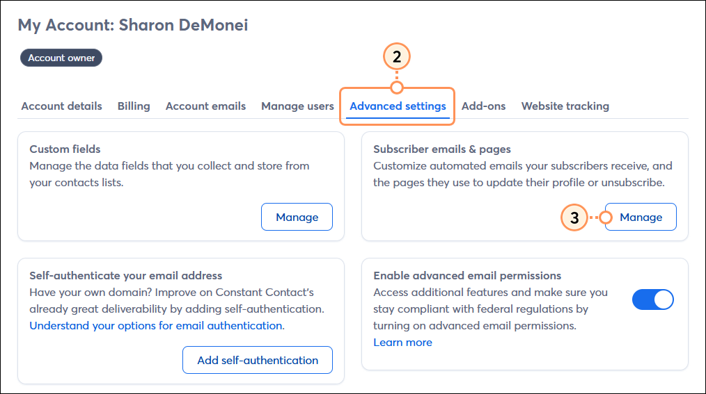 Profile name, Account Settings dropdown option, Advanced Settings tab, Subscriber Emails and Pages section, and Manage button